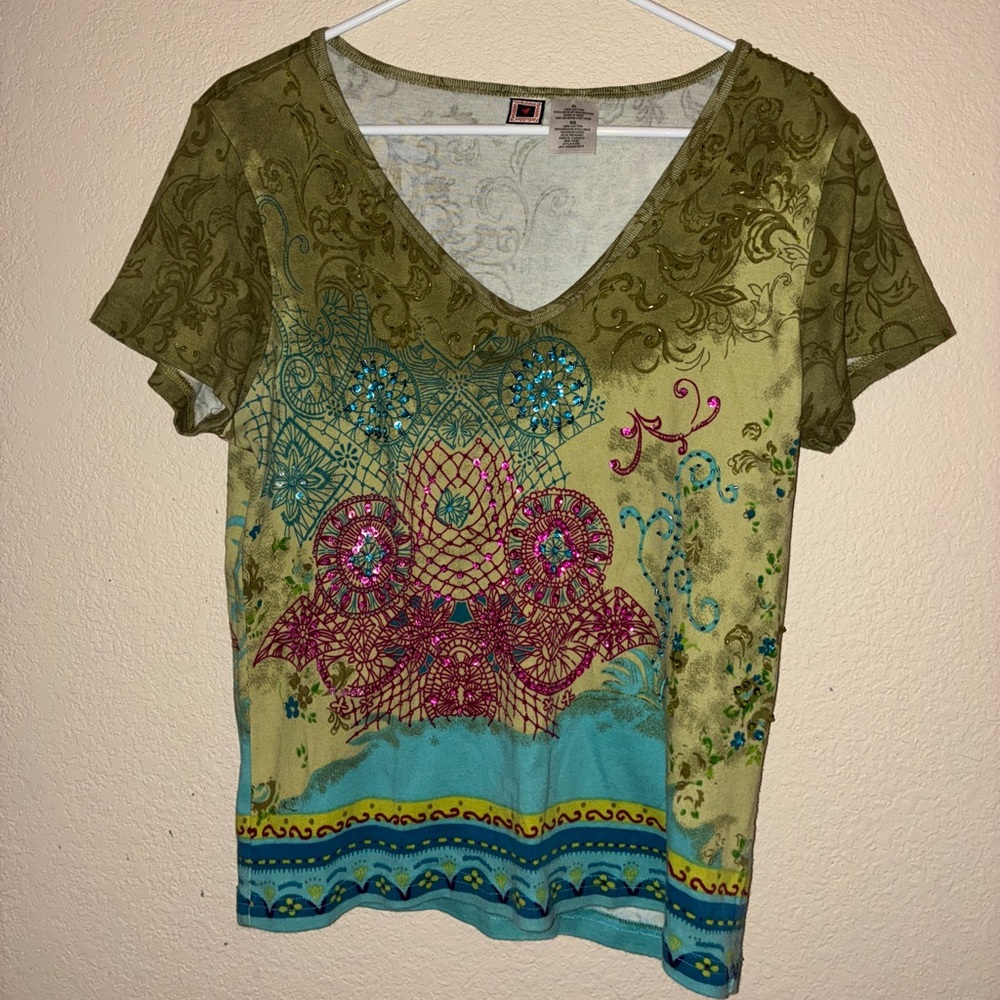 Embroidered V-Neck Short Sleeve Top Y2K Yoga